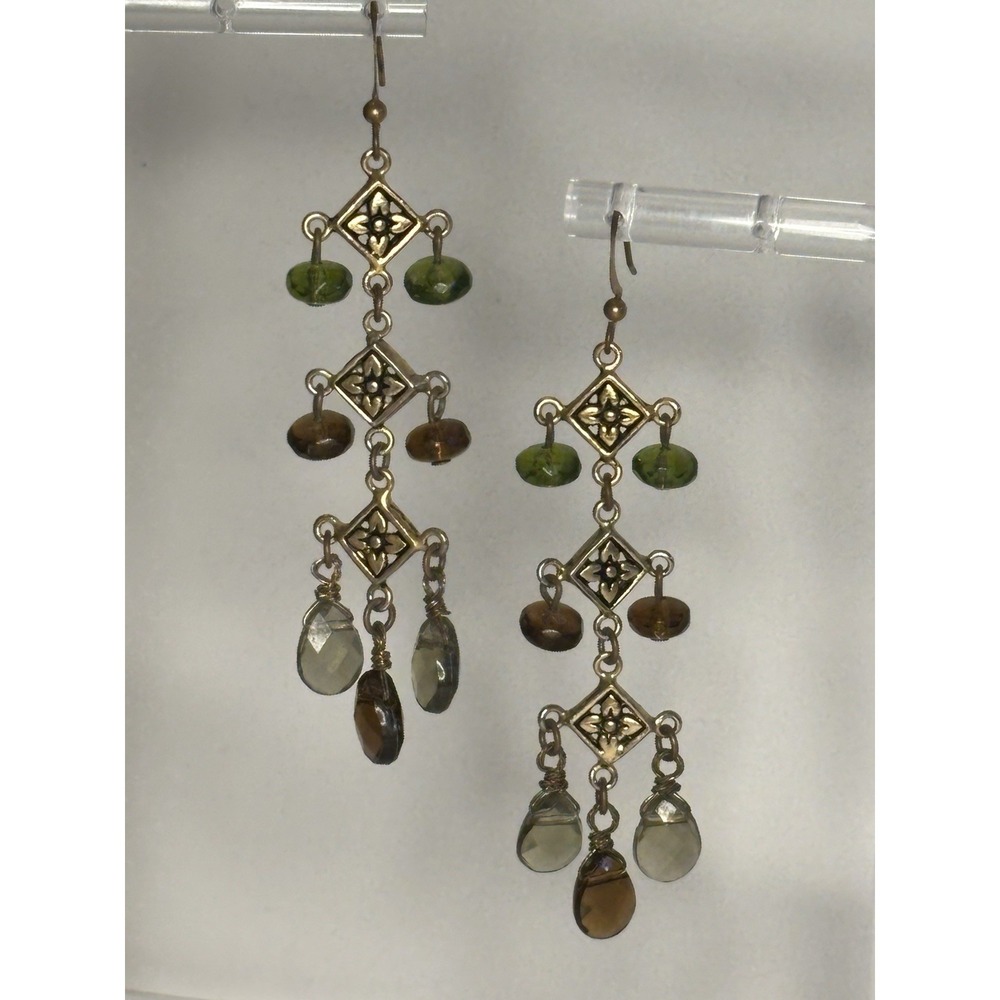 Vintage Green Brown Bead Chandelier Dangle Earrings Gold Tone 3"